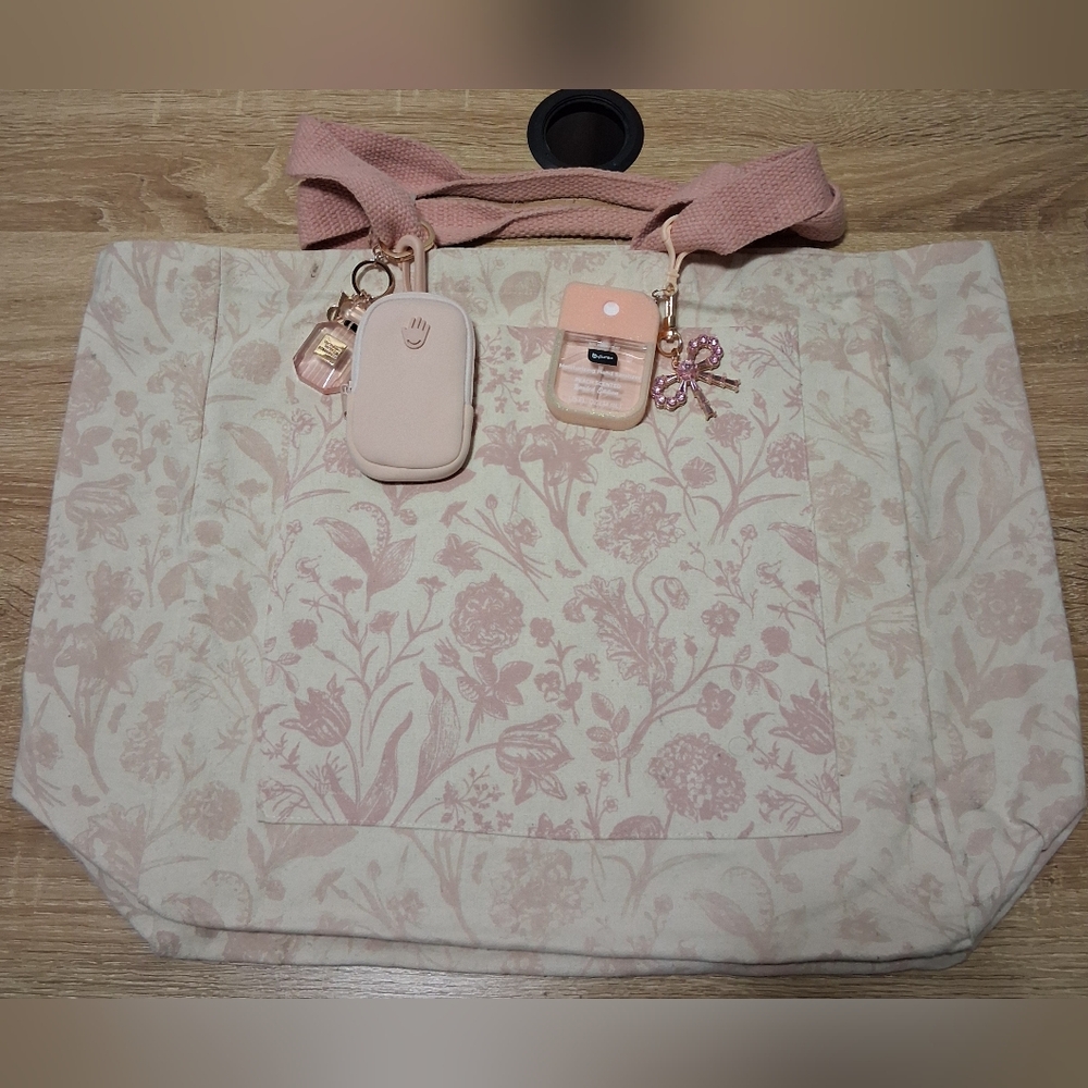 Barnes & Noble Pink Floral Tote Bag with Keychain Charms